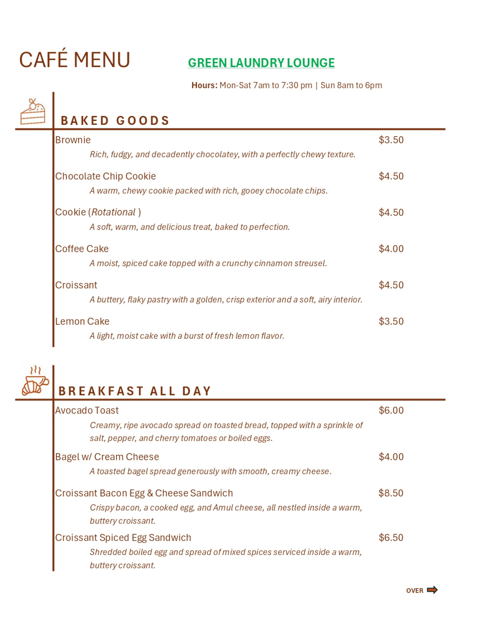 Baked Goods menu