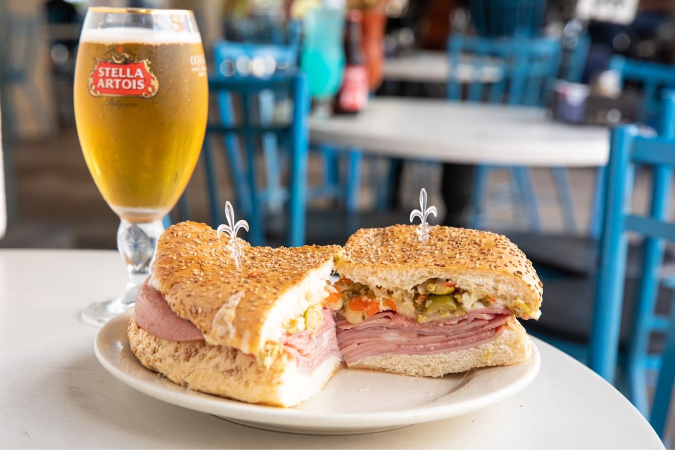 Mufaletta sandwich and Stela Artois