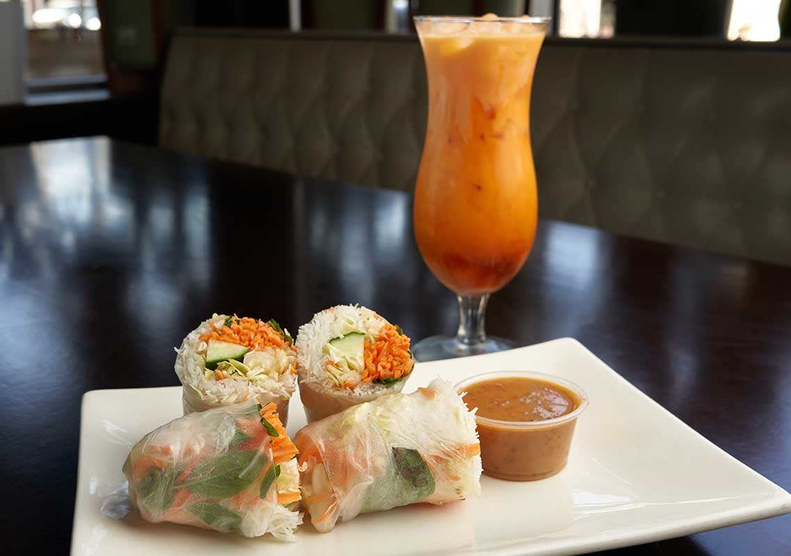 Summer Sushi Rolls, with sauce and Thai Tea beverage