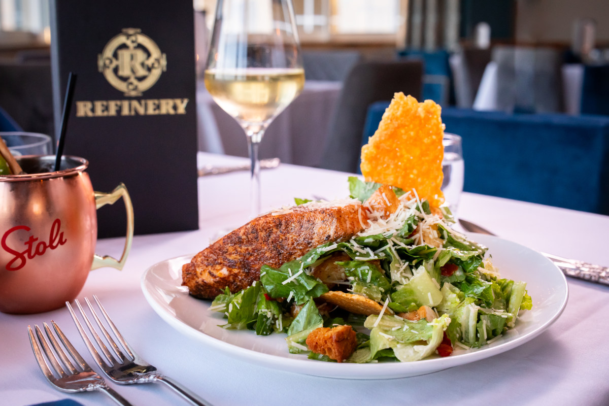 Avocado Caesar with blackened salmon