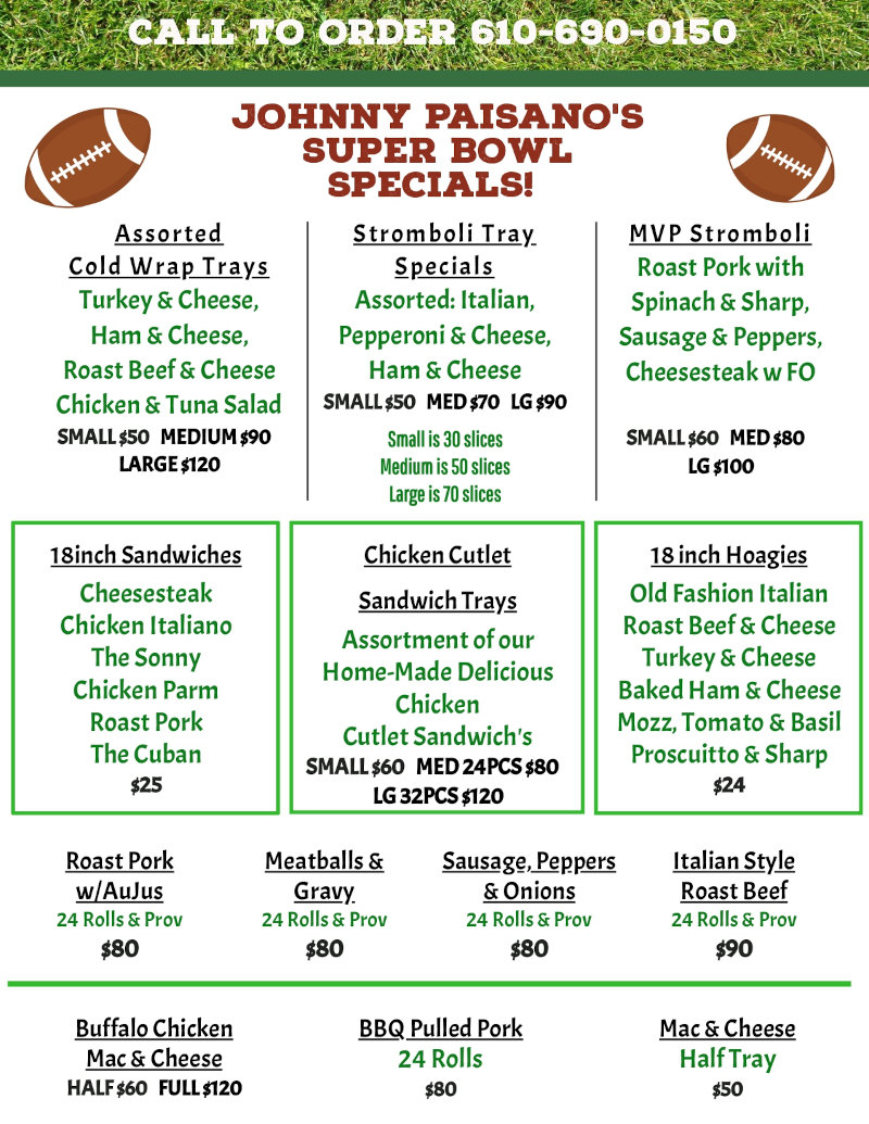 Johnny paisano’s super bowl specials!