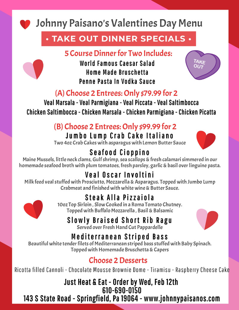 Johnny Paisano's Valentines Day Menu take out dinner specials