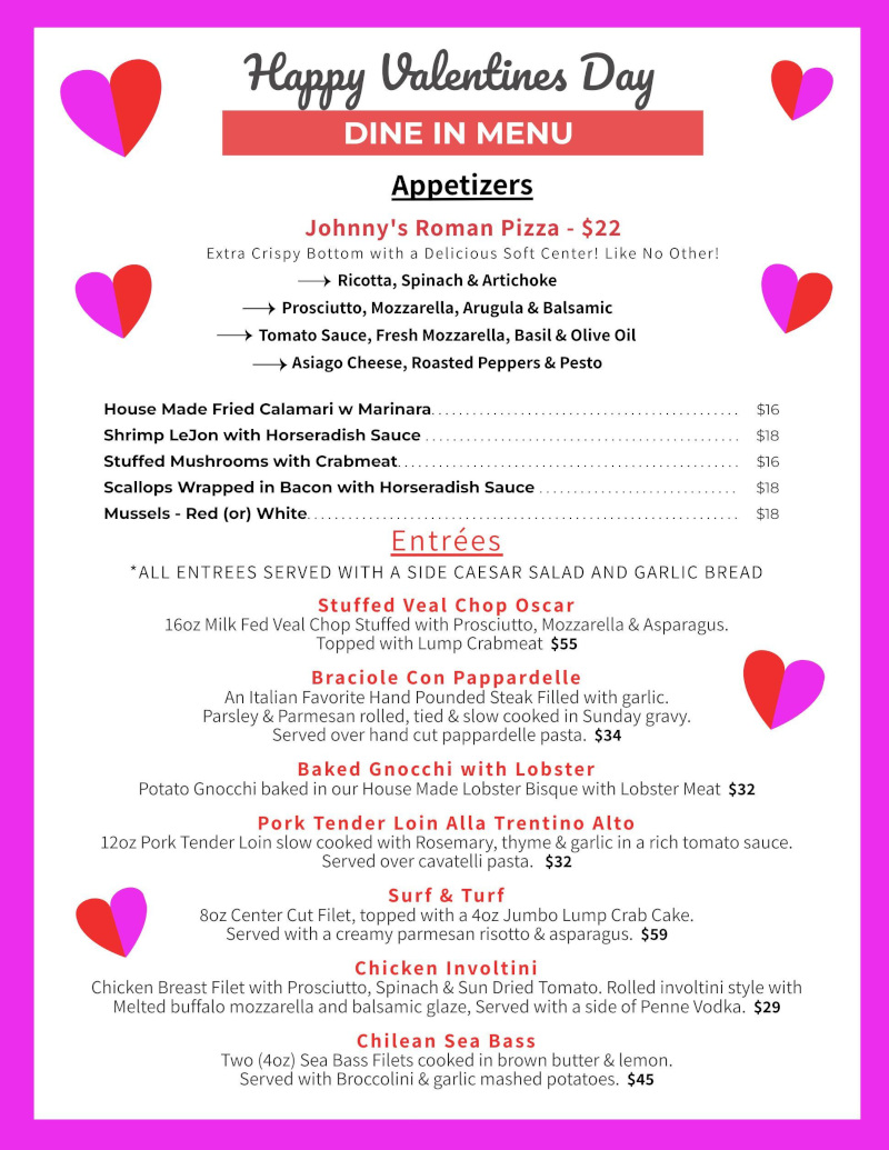 Johnny Paisano's Valentines Day dine in menu