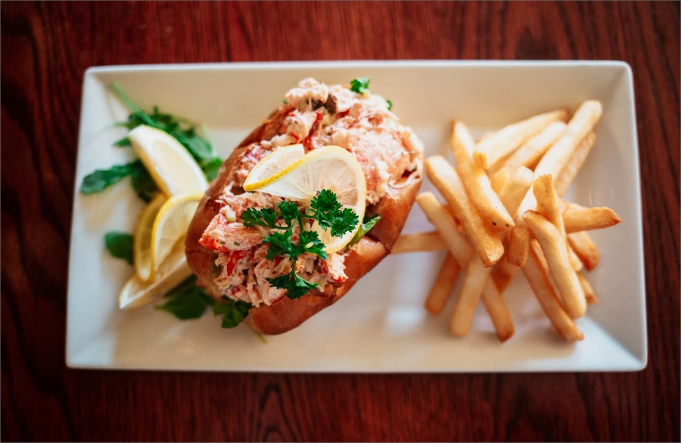 LOBSTER ROLL top view on a white plate