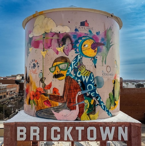 Bricktown water tower with painted mural art