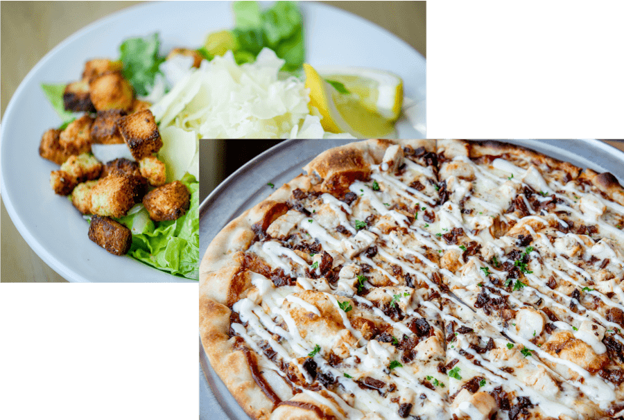 Caesar Salad and Brown Square BBQ Ranch Pizza