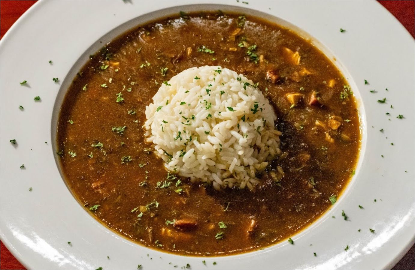 New Orleans Gumbo served on a plate, top view