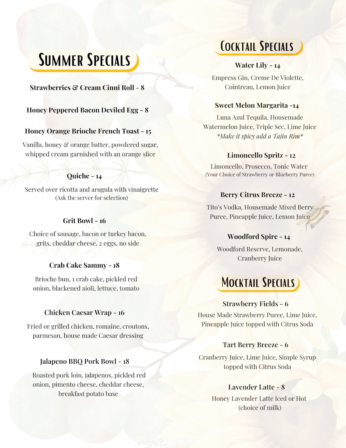 Specials menu flyer