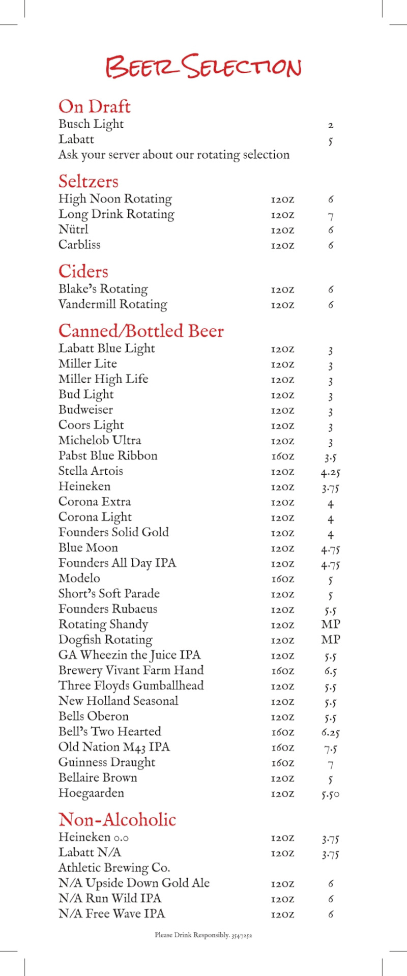 Beer selection menu