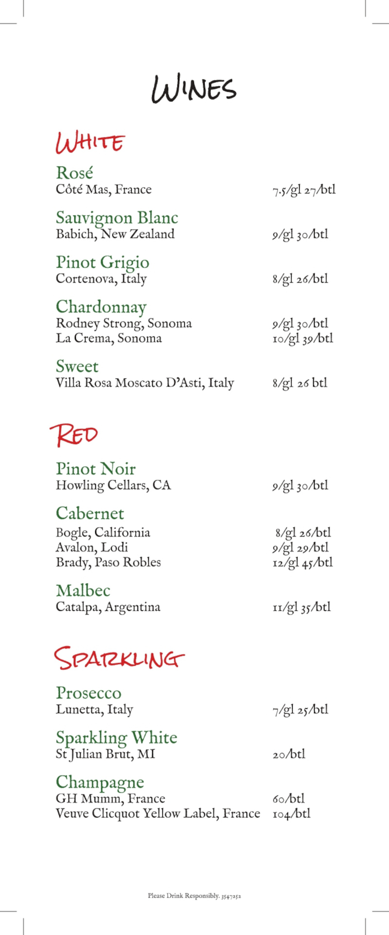 Wines menu