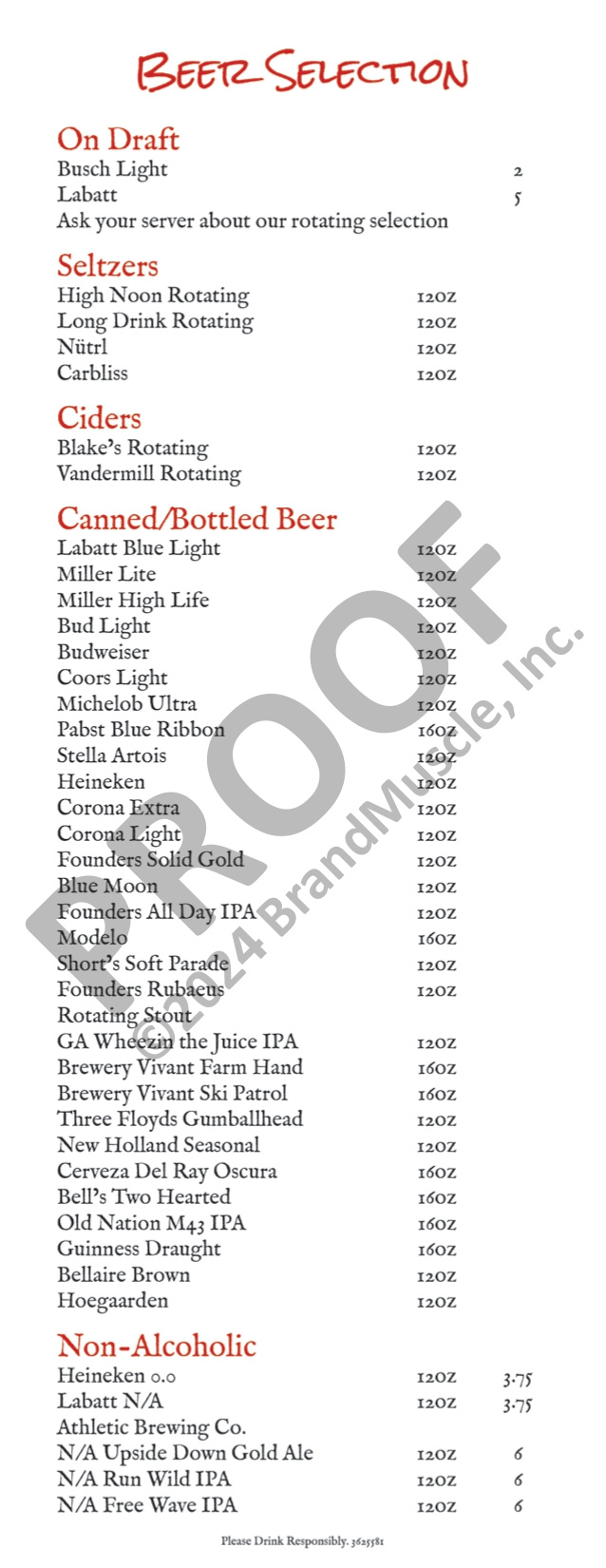 Beer selection menu