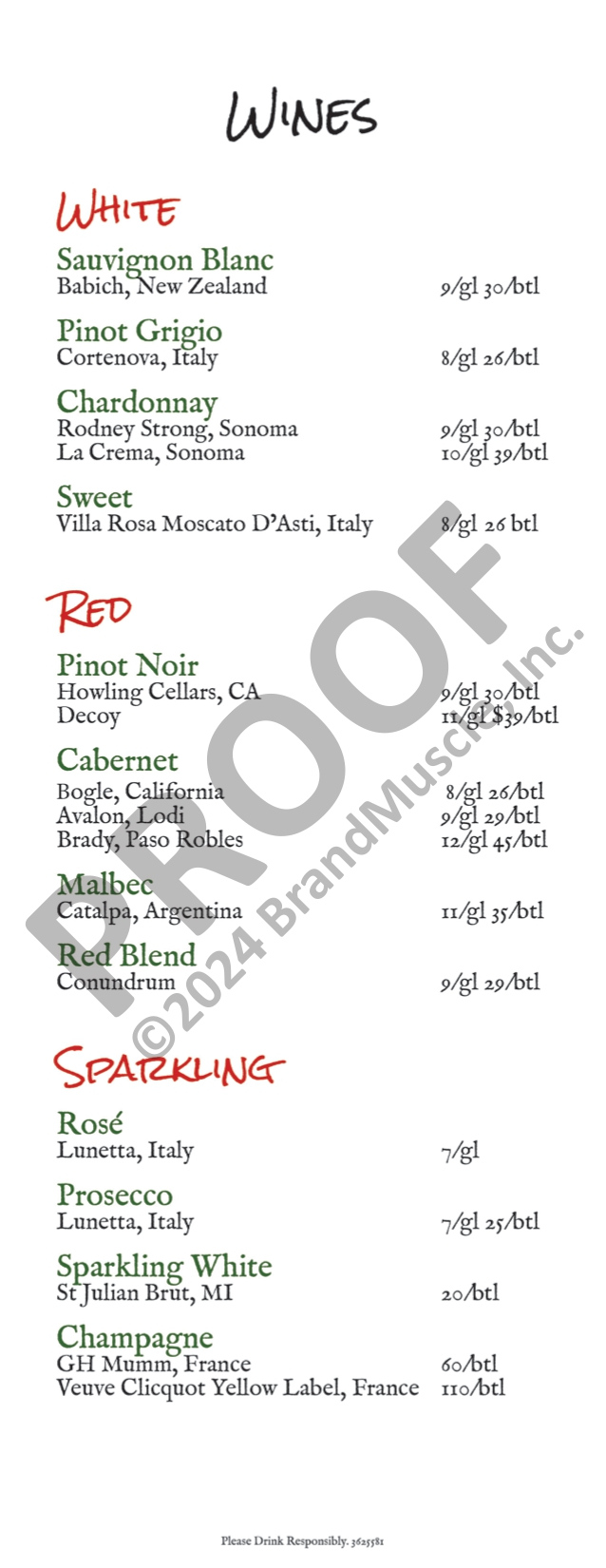 Wines menu