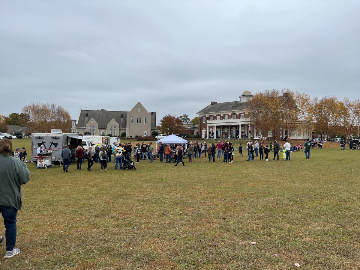 People attending a Buzz Viking party on a field with buildings in the background