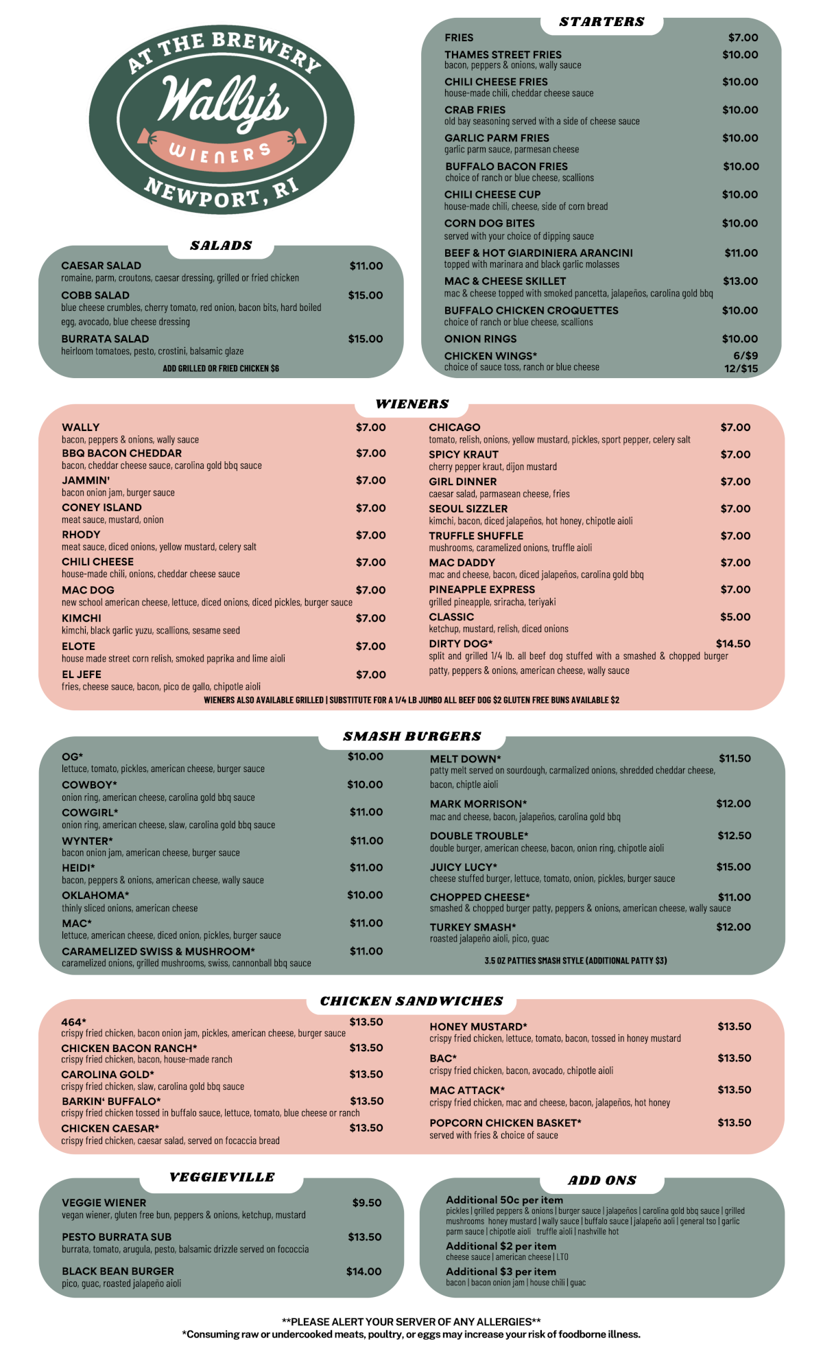 Wally’s wieners menu