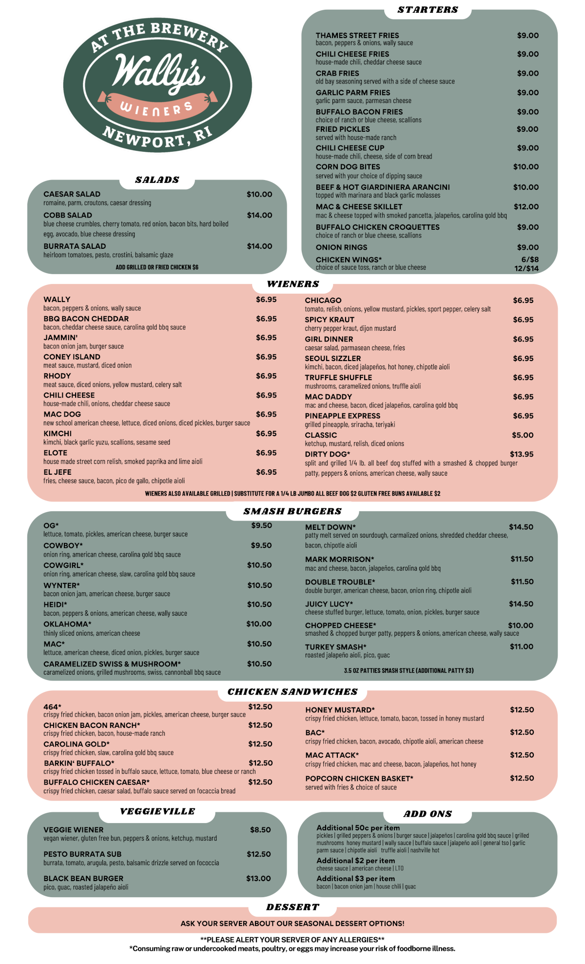 Wally’s wieners menu