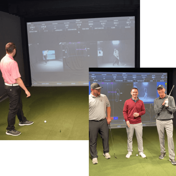 Players learning to play golf in front of screens