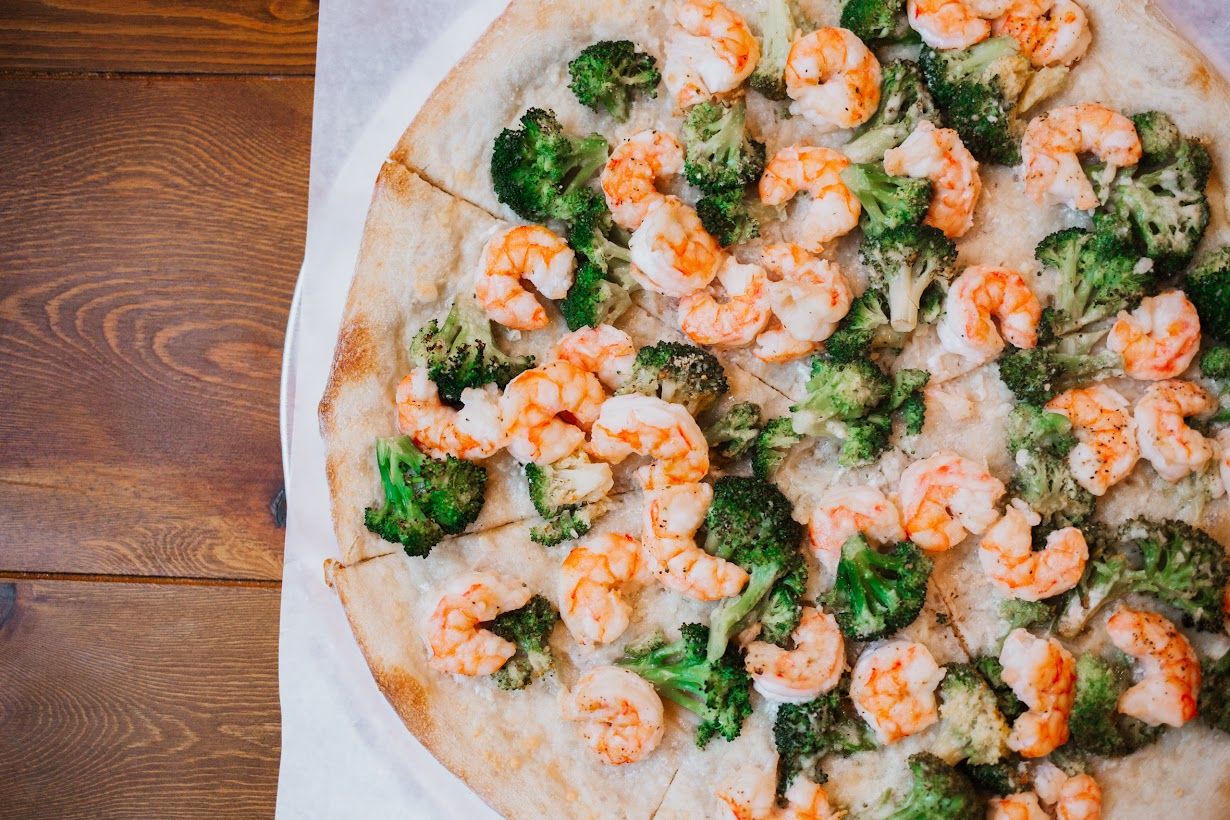 Top view close up of the Shrimp and Broccoli pizza