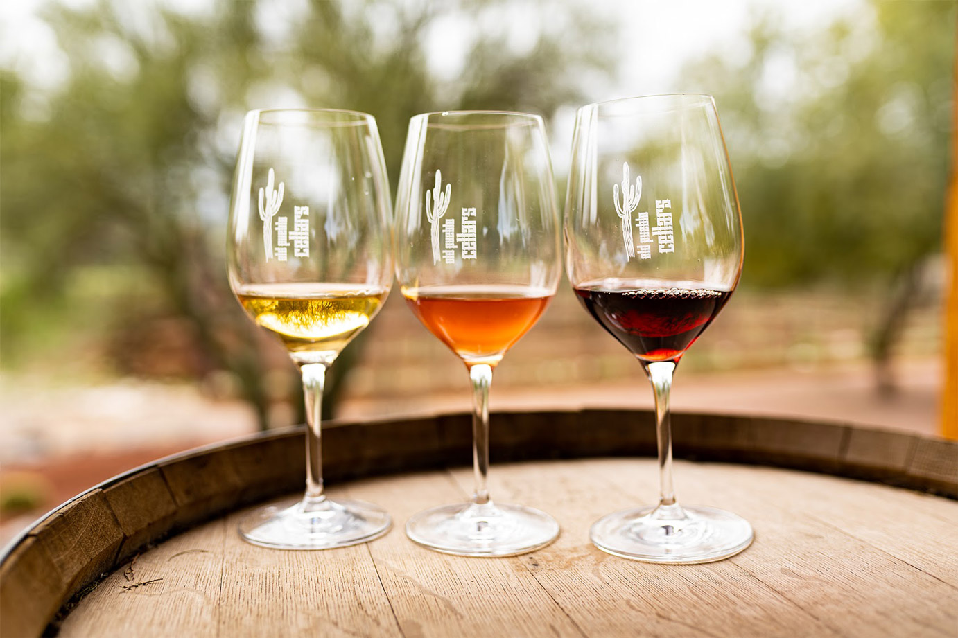 Glasses of different wine on a wooden barrel top outside