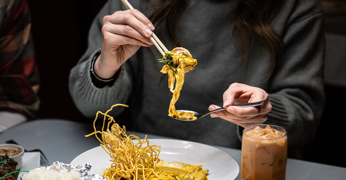Egg Noodles with Chopsticks and Spoon, menu photo