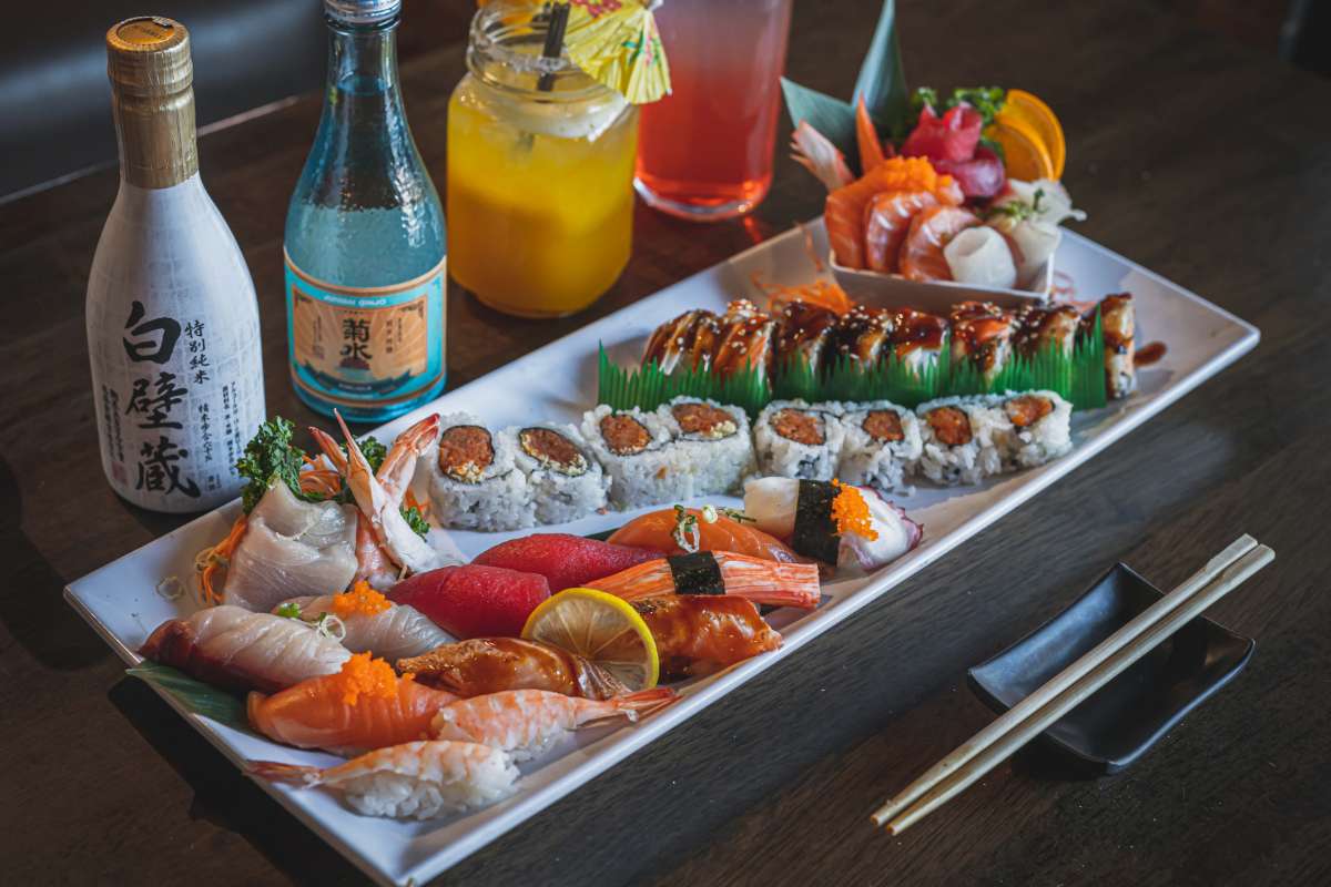  Assorted nigiri  and sushi rolls on platter