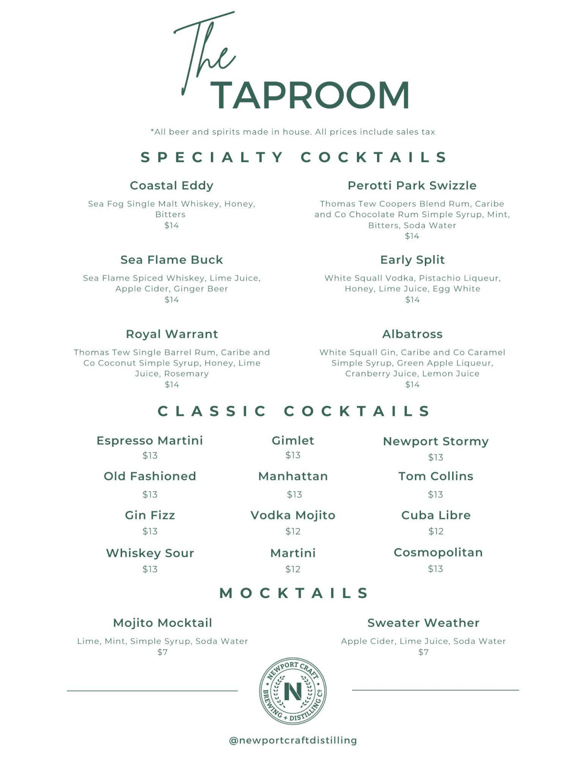 Taproom Cocktail Menu