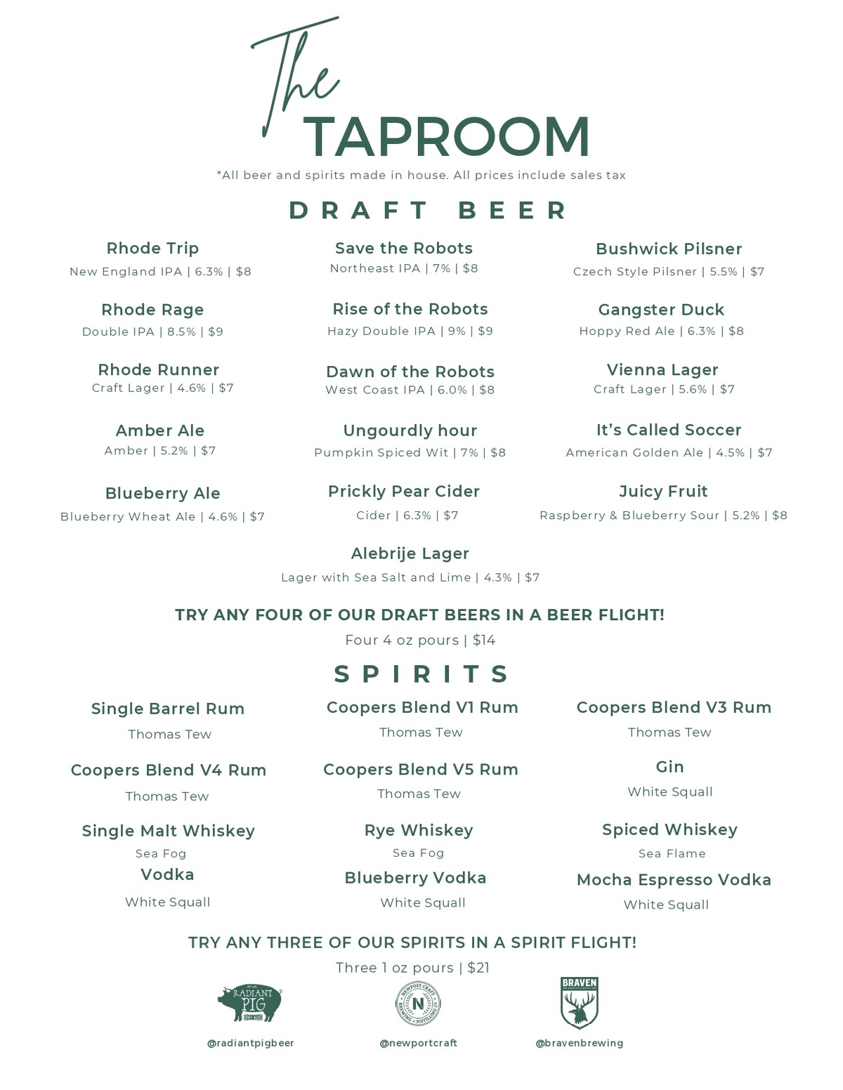 Taproom Cocktail Menu