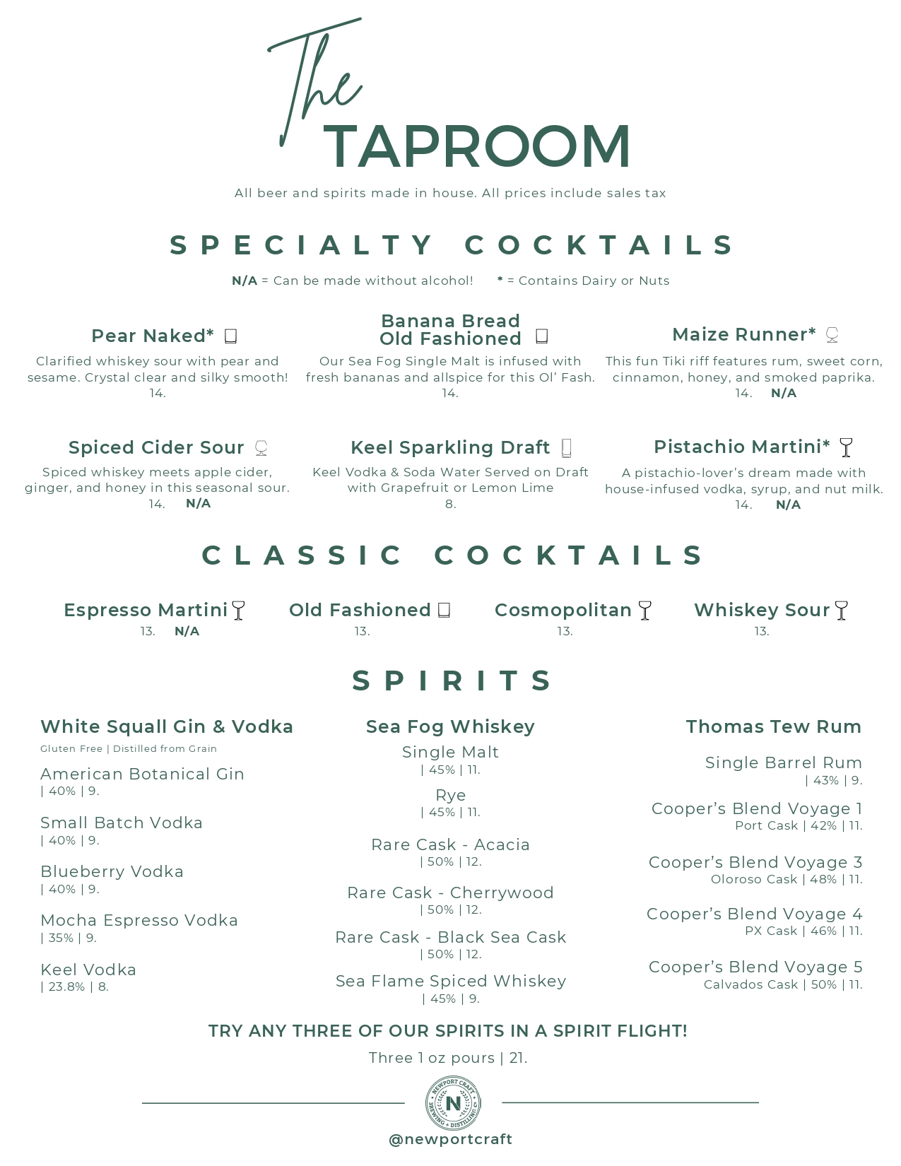 Taproom Cocktail Menu