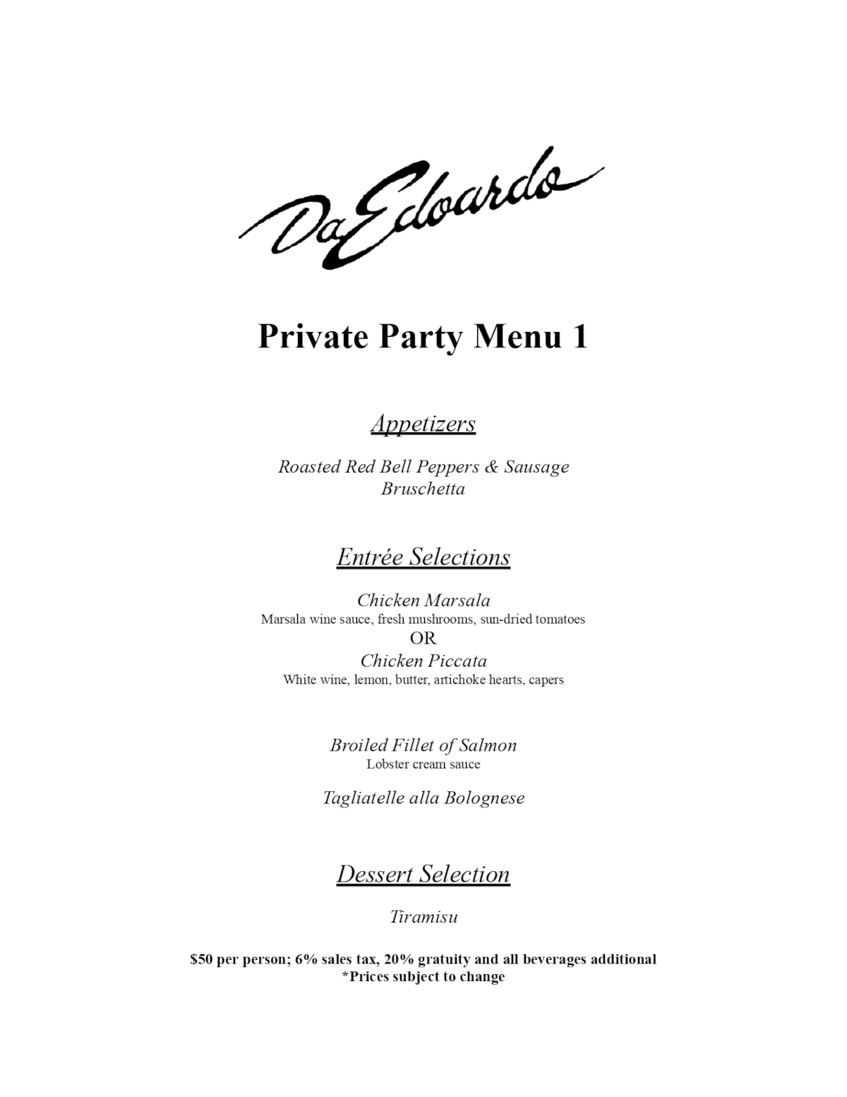 Grosse Pointe Private Party menu page 1