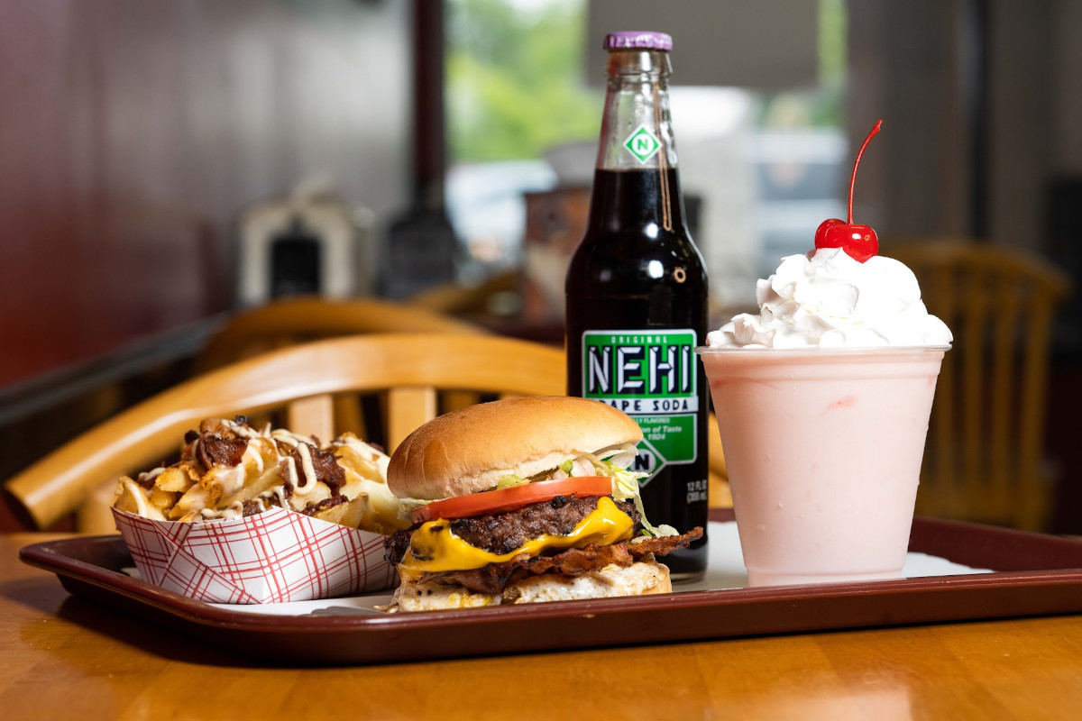 The burgers, soda, and milkshake
