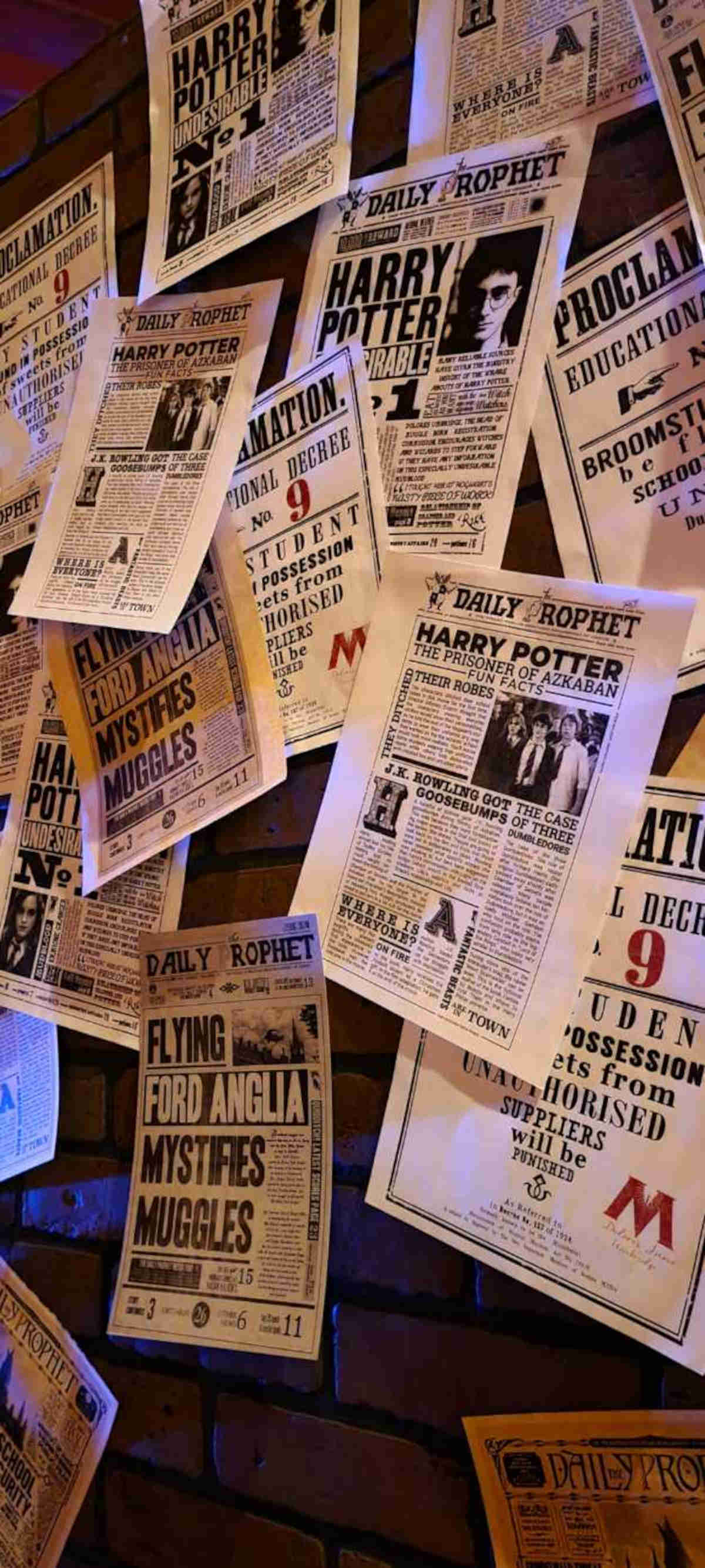 Harry Potter-themed newspaper clippings on the wall