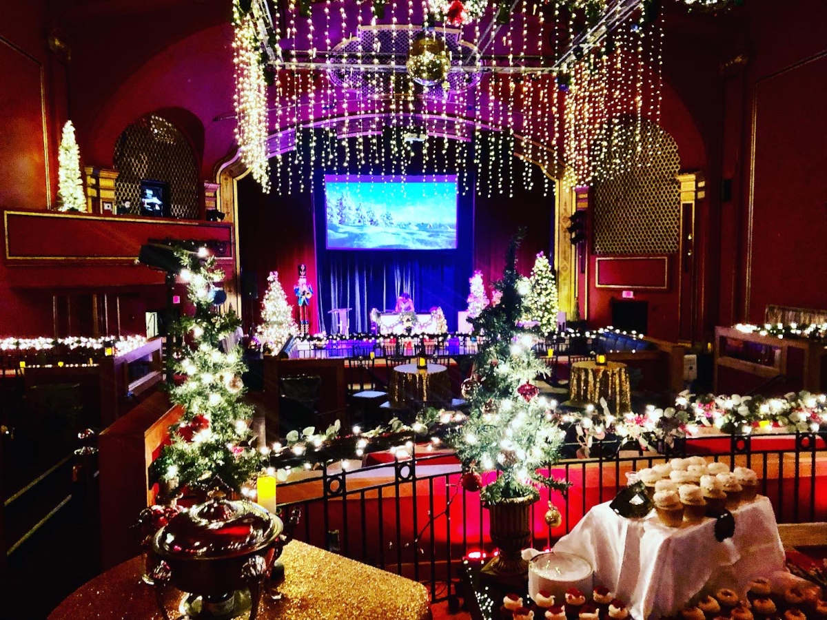 Granby Theater interior decorated for a Christmas party