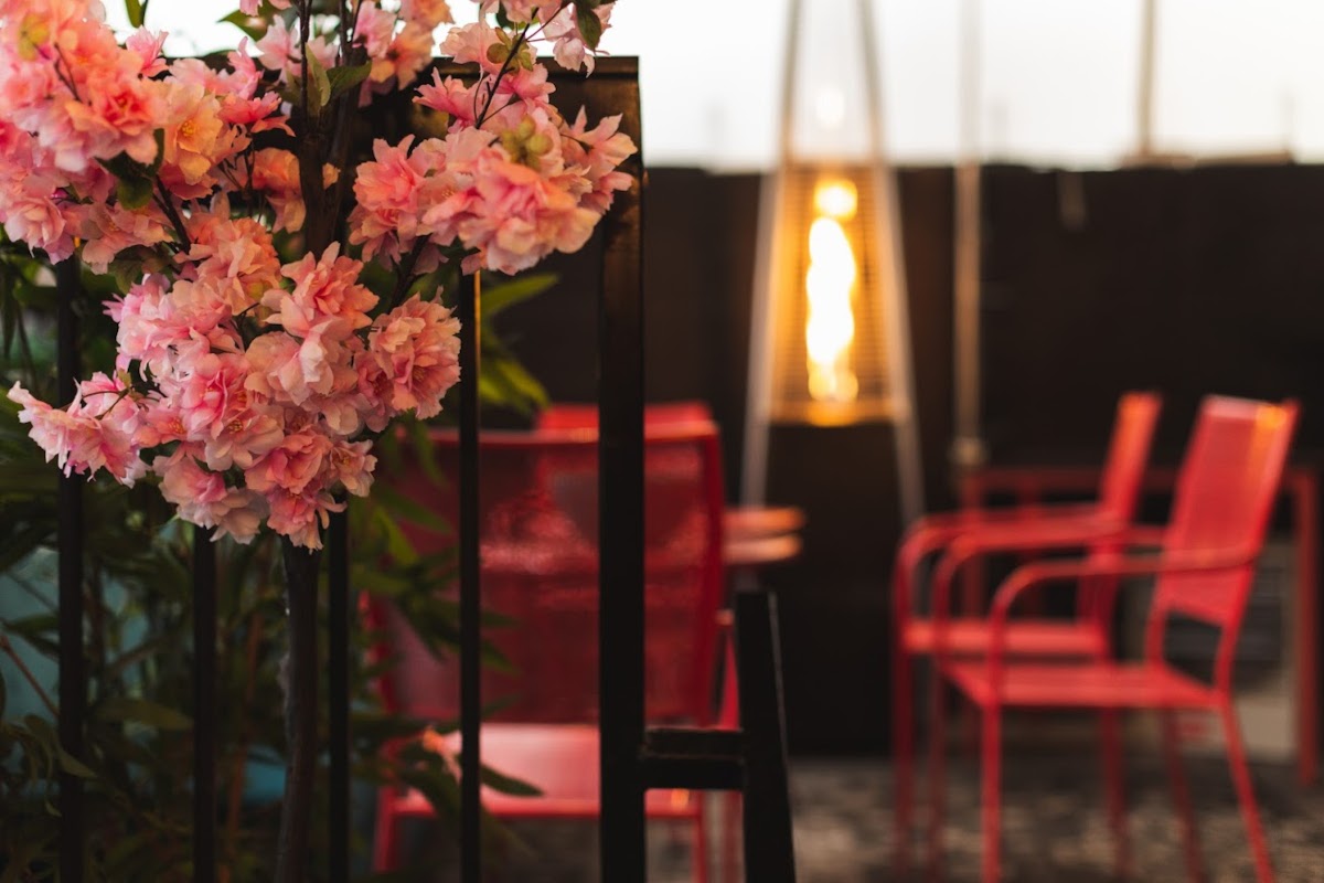 indoor, table and chairs with flower decoration