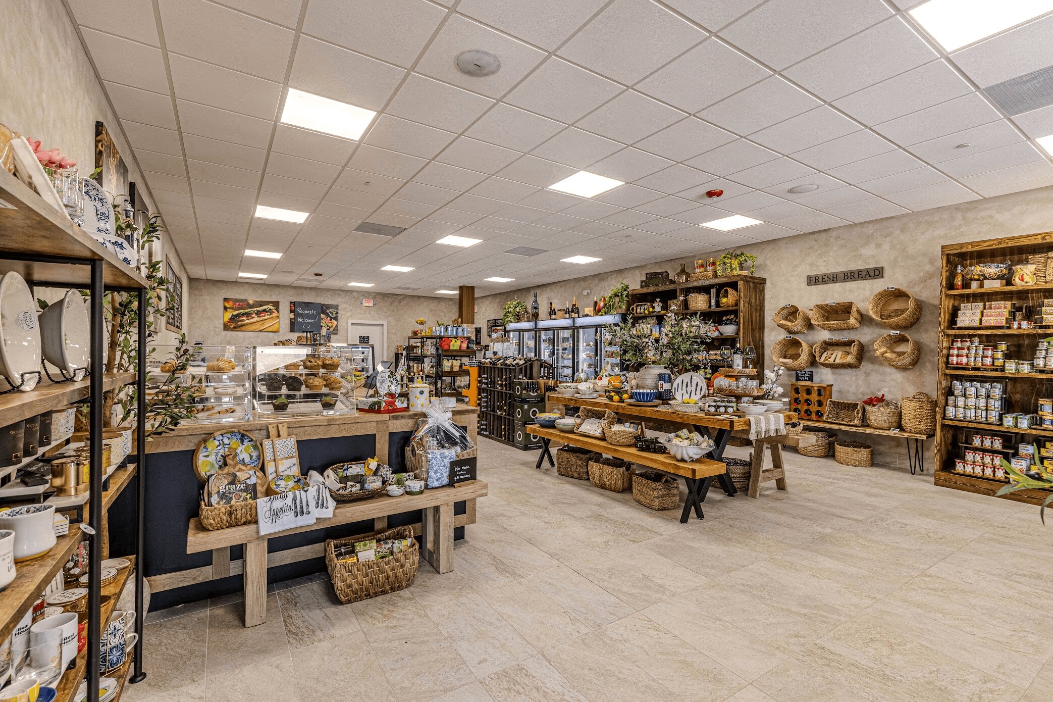 Market interior with shelves of gourmet goods and rustic decor