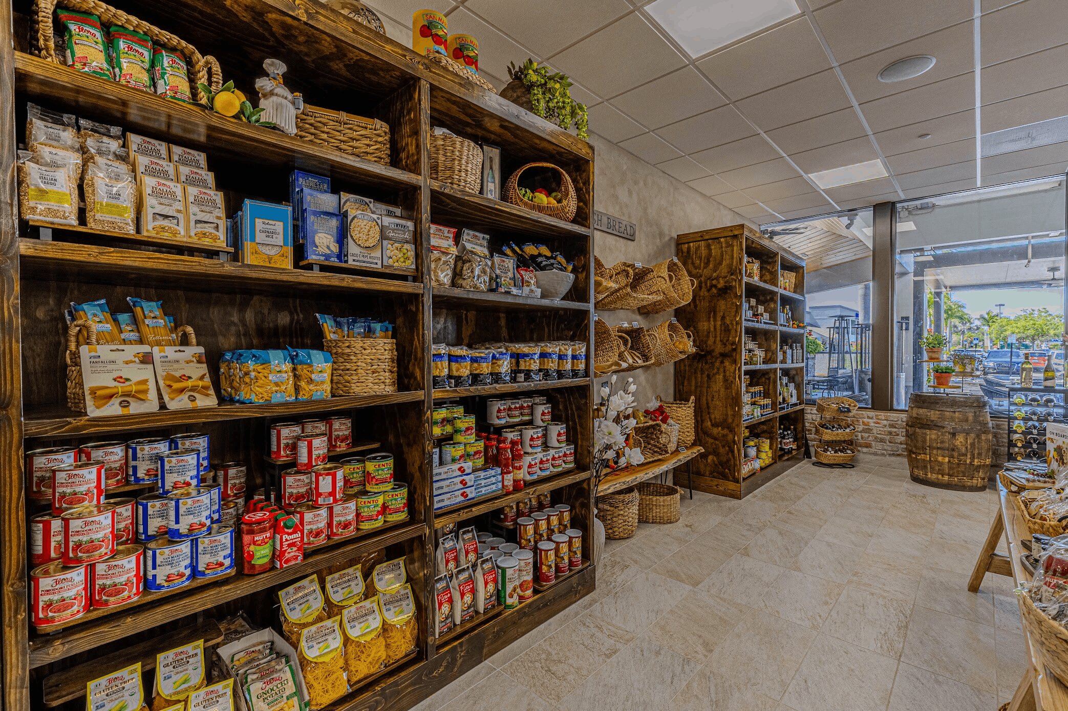 Shelves of pasta, snacks, and specialty food products