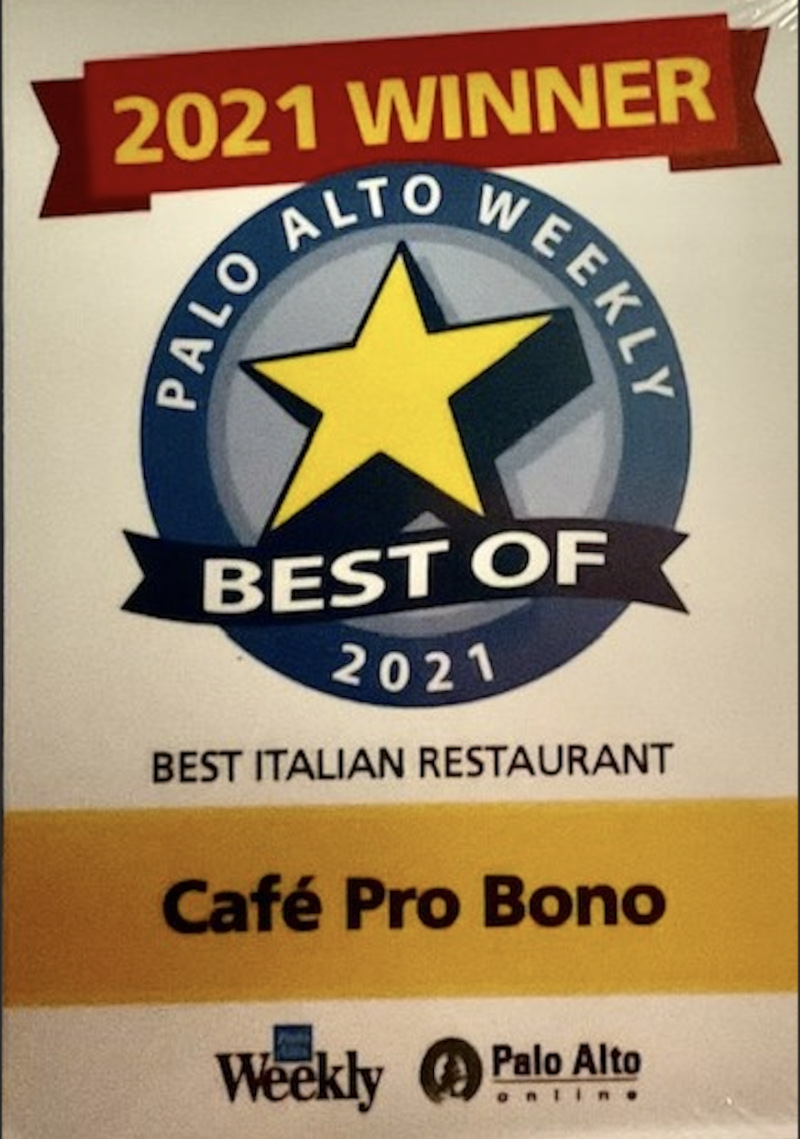 Polo Alto Weekly Best Italian restaurant award for 2021.