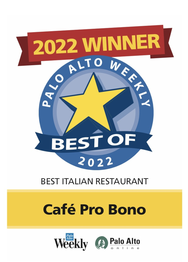 Polo Alto Weekly Best Italian restaurant award for 2022.