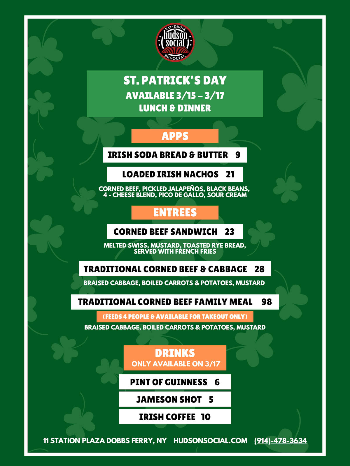 St. Patrick's Day available 3/15 - 3/17