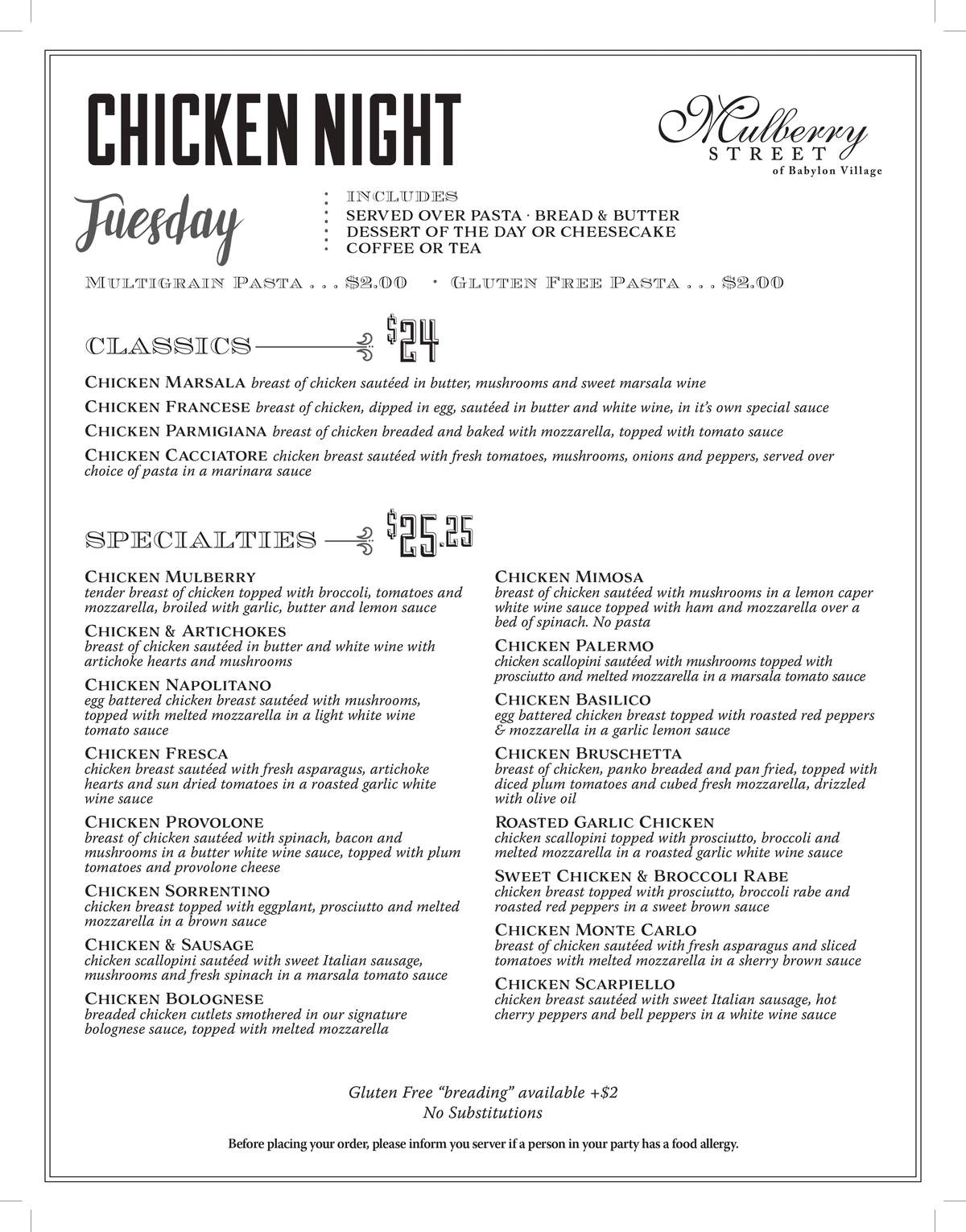 chicken night menu