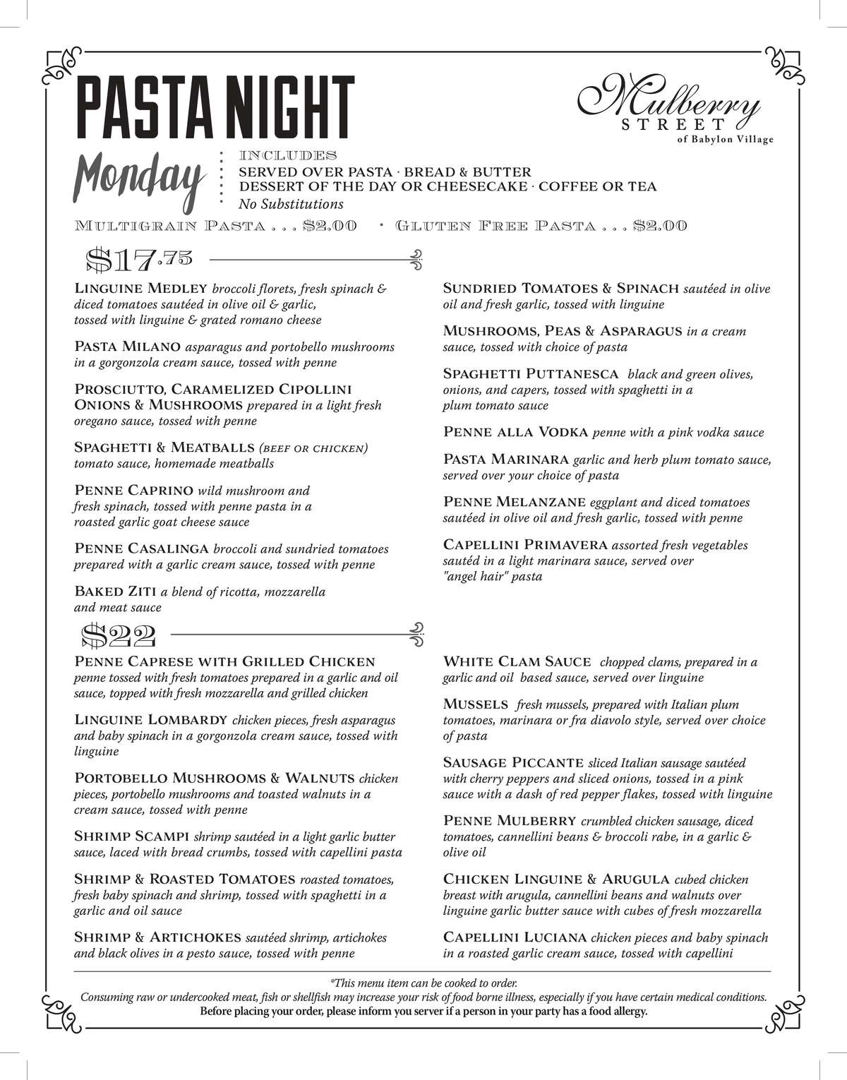 pasta night menu