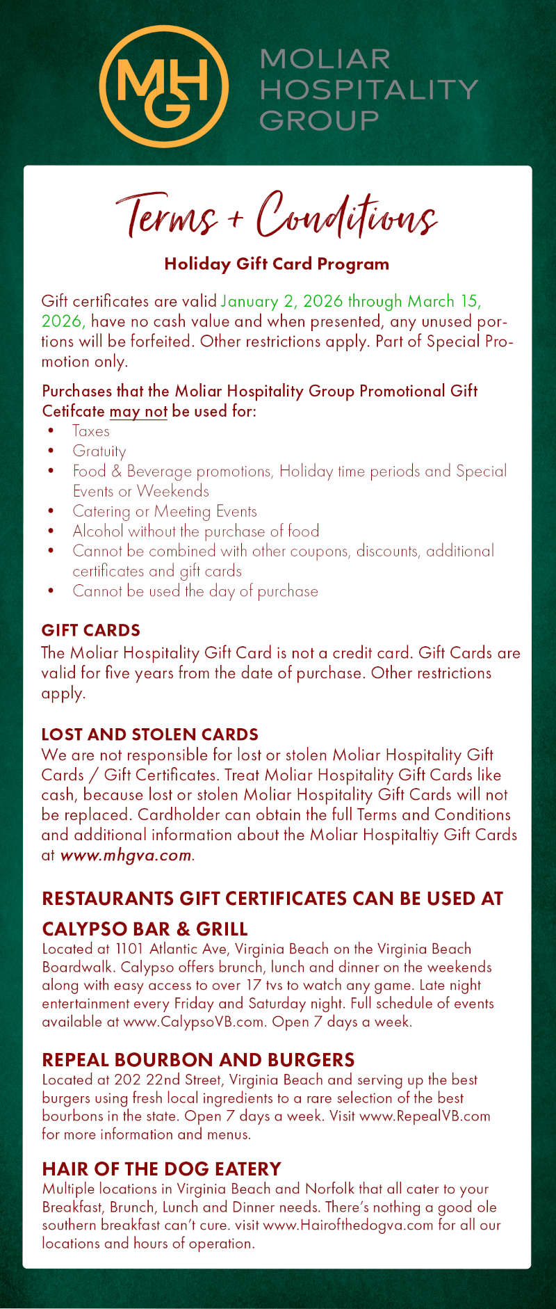 Moliar Hospitality Group Terms and Conditions - Holiday Gift Card program