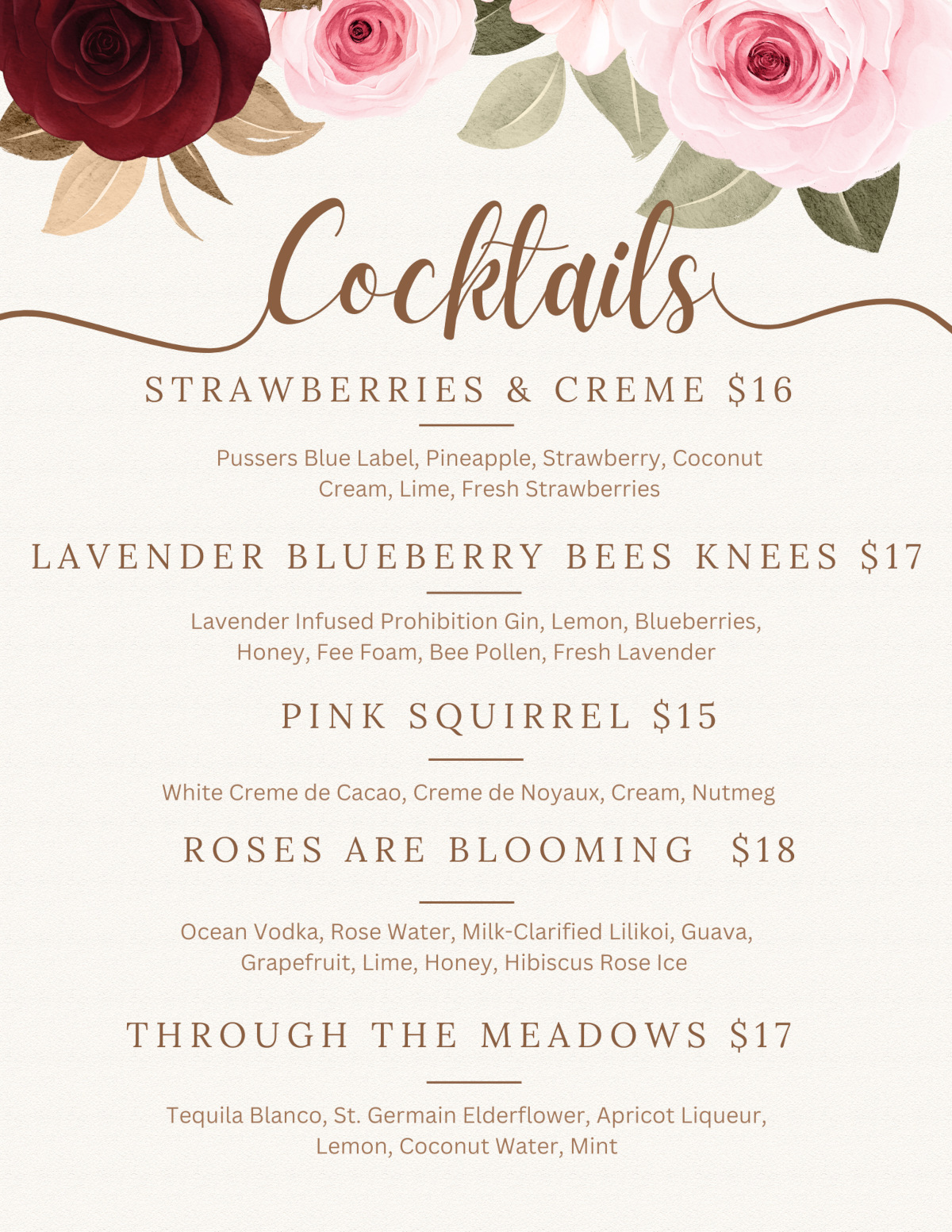 January-March Cocktails Menu