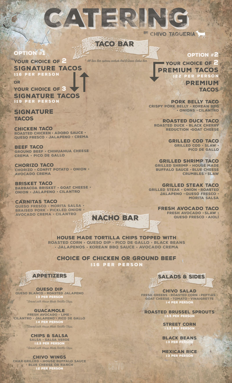catering menu, taco bar and nacho bar