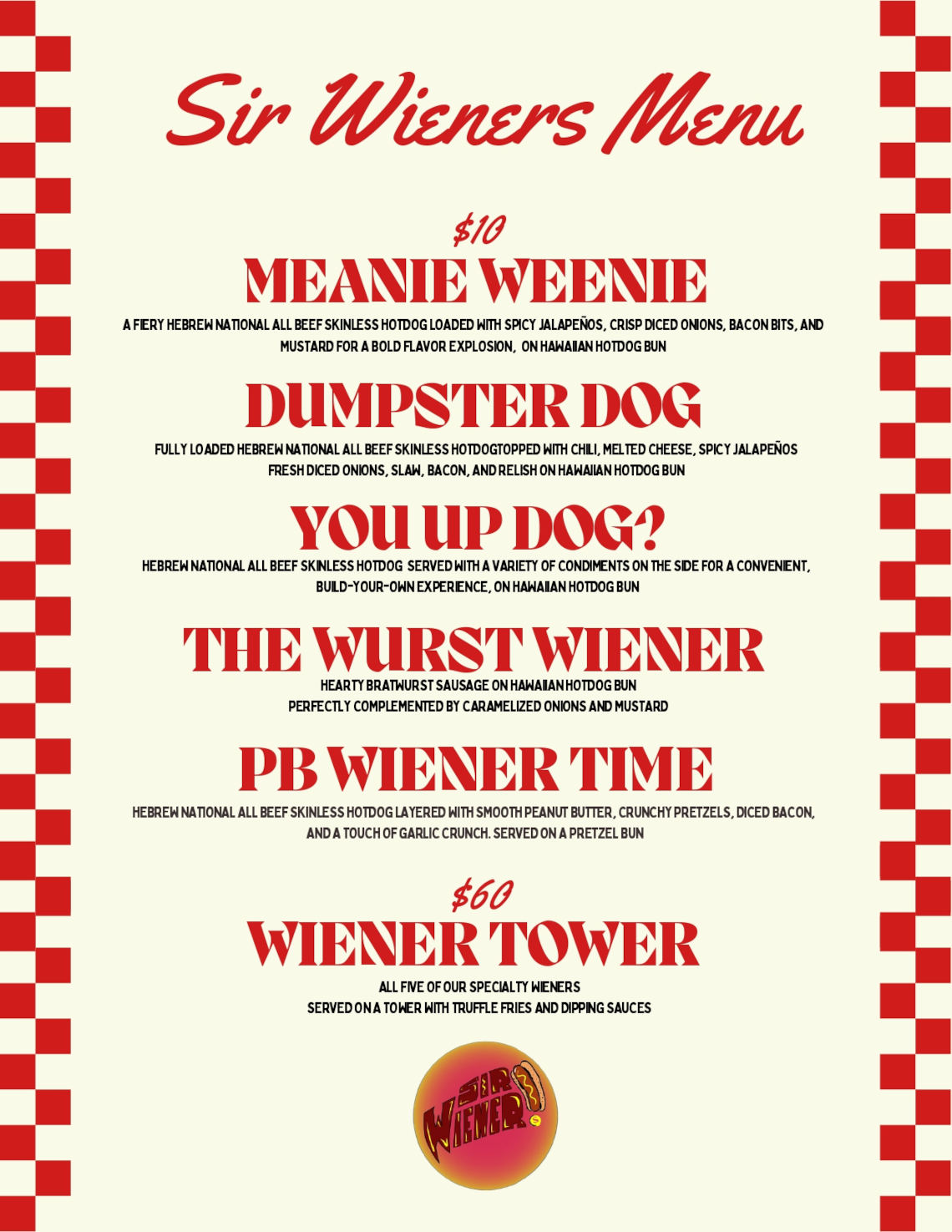 Sir Wieners Menu