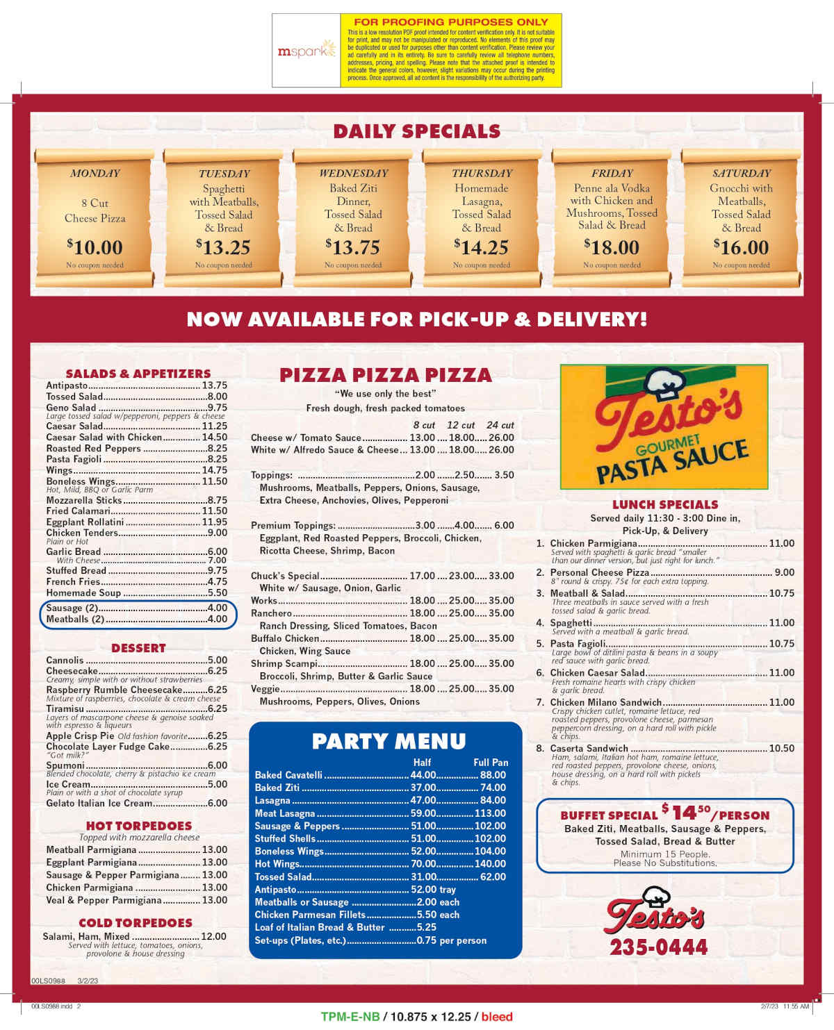 Testo's restaurant pickup menu page 2 