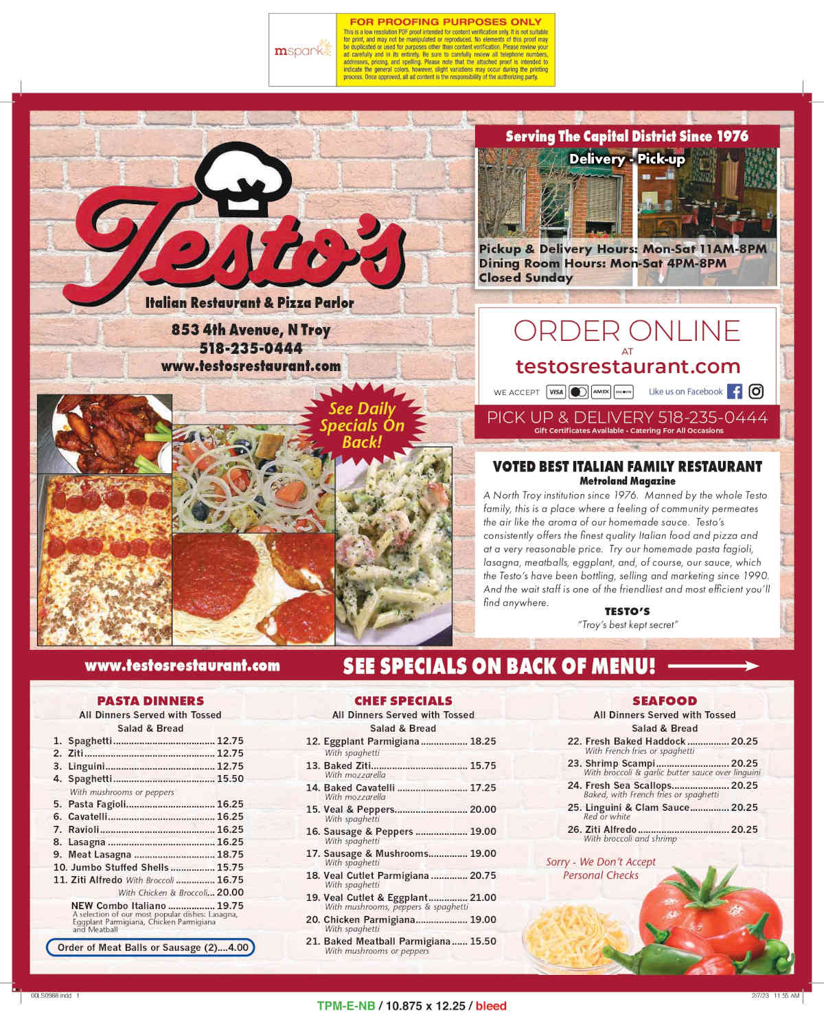 Testo's restaurant pickup menu page 1