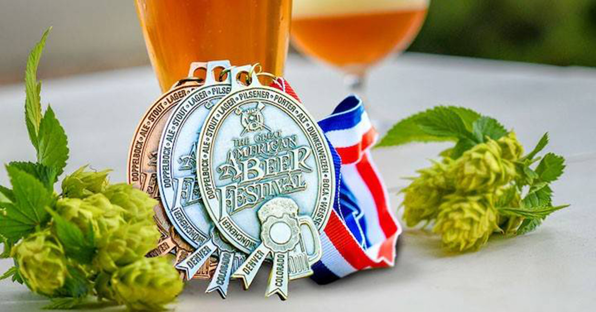 The Great American Beer Festival competition medals ptpgraphed with hops and beer glasses