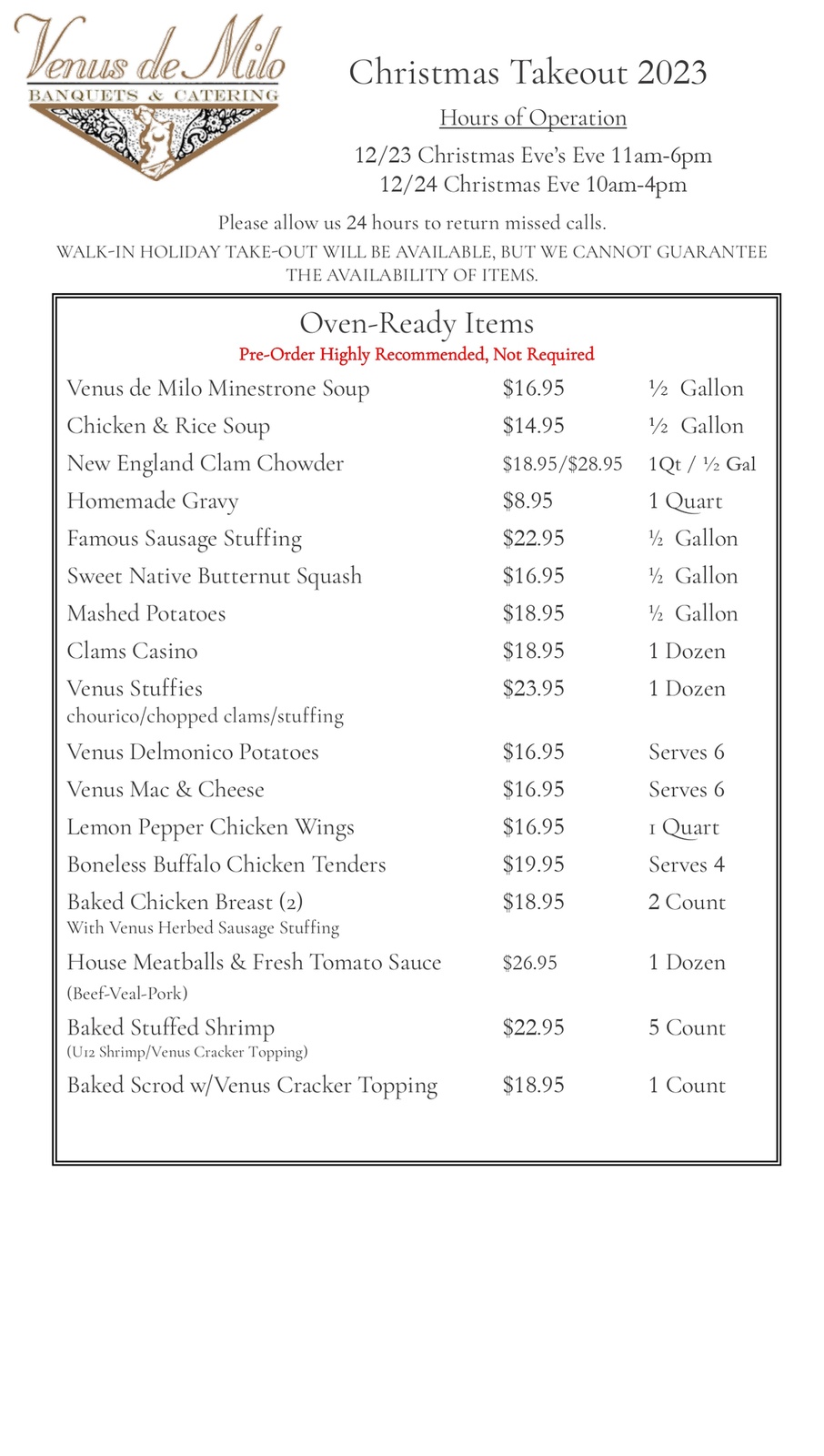 Christmas Takeout Menu