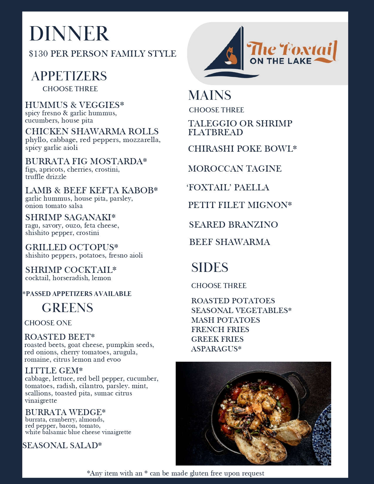 Dinner Menu $130 Per Person Family Style