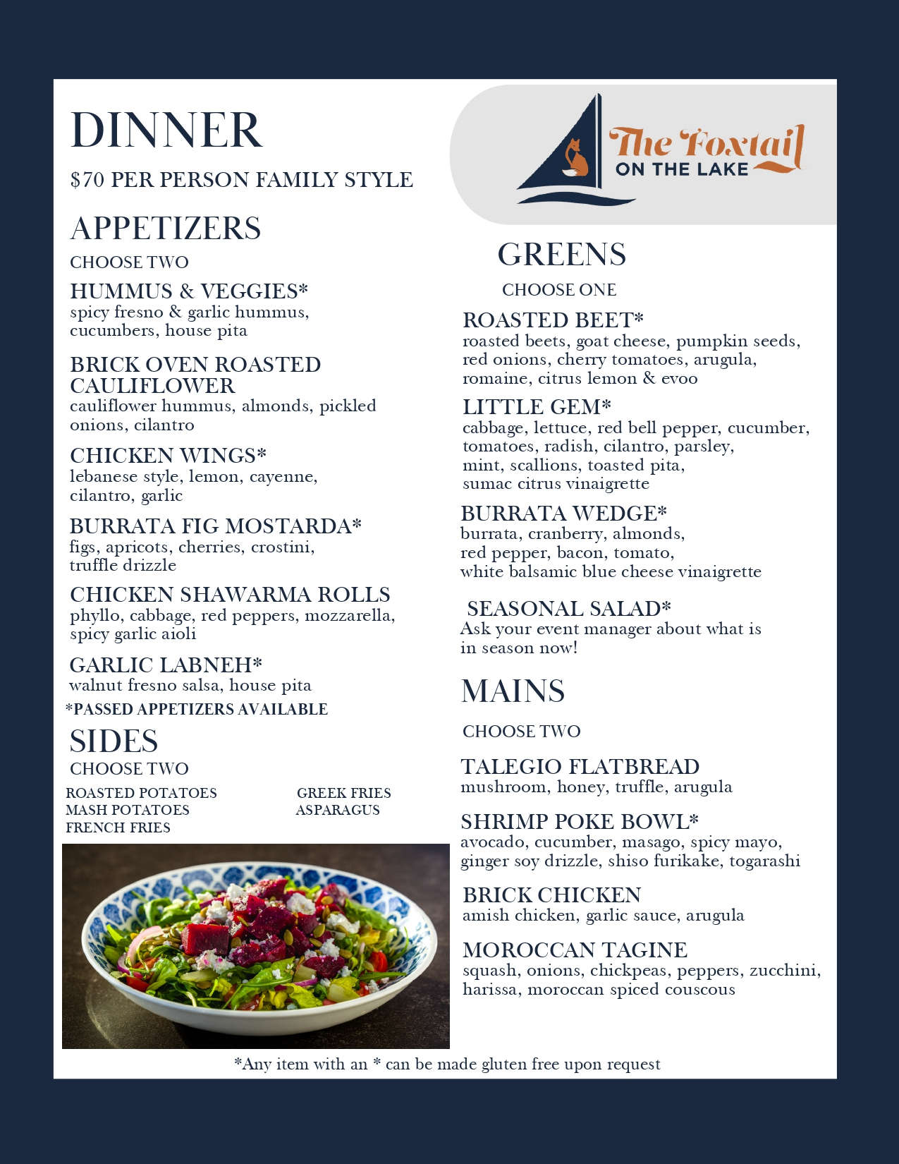 Dinner Menu $70 Per Person Family Style