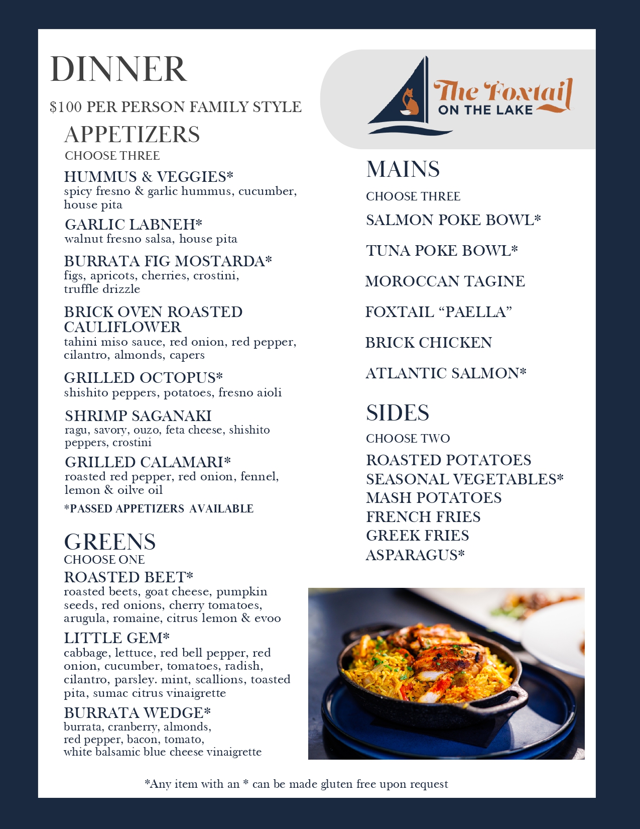 Dinner Menu $100 Per Person Family Style